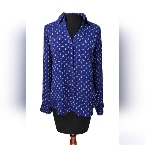 ♥️ EXPRESS PORTOFINO SHIRT BUTTON DOWN - NAVY BLUE ANCHOR PRINT WOMEN'S SIZE S|P - Picture 1 of 14